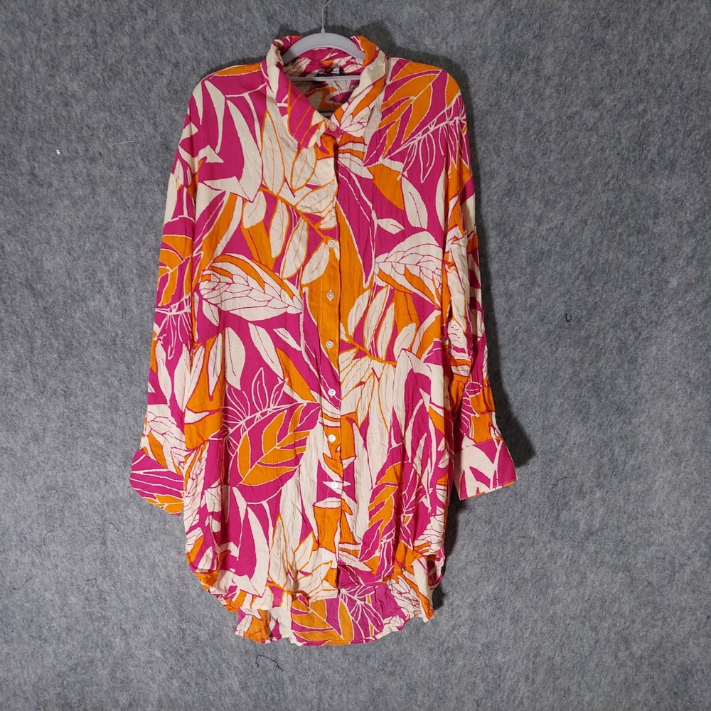 Club Z Collection Button Up Shirt Tunic XL Pink Orange Crepe Hawaiian Tropical